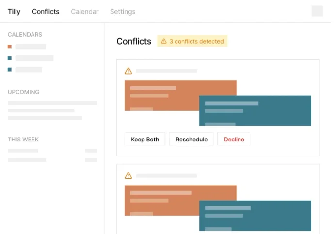 Tilly web app showing calendar conflict manager