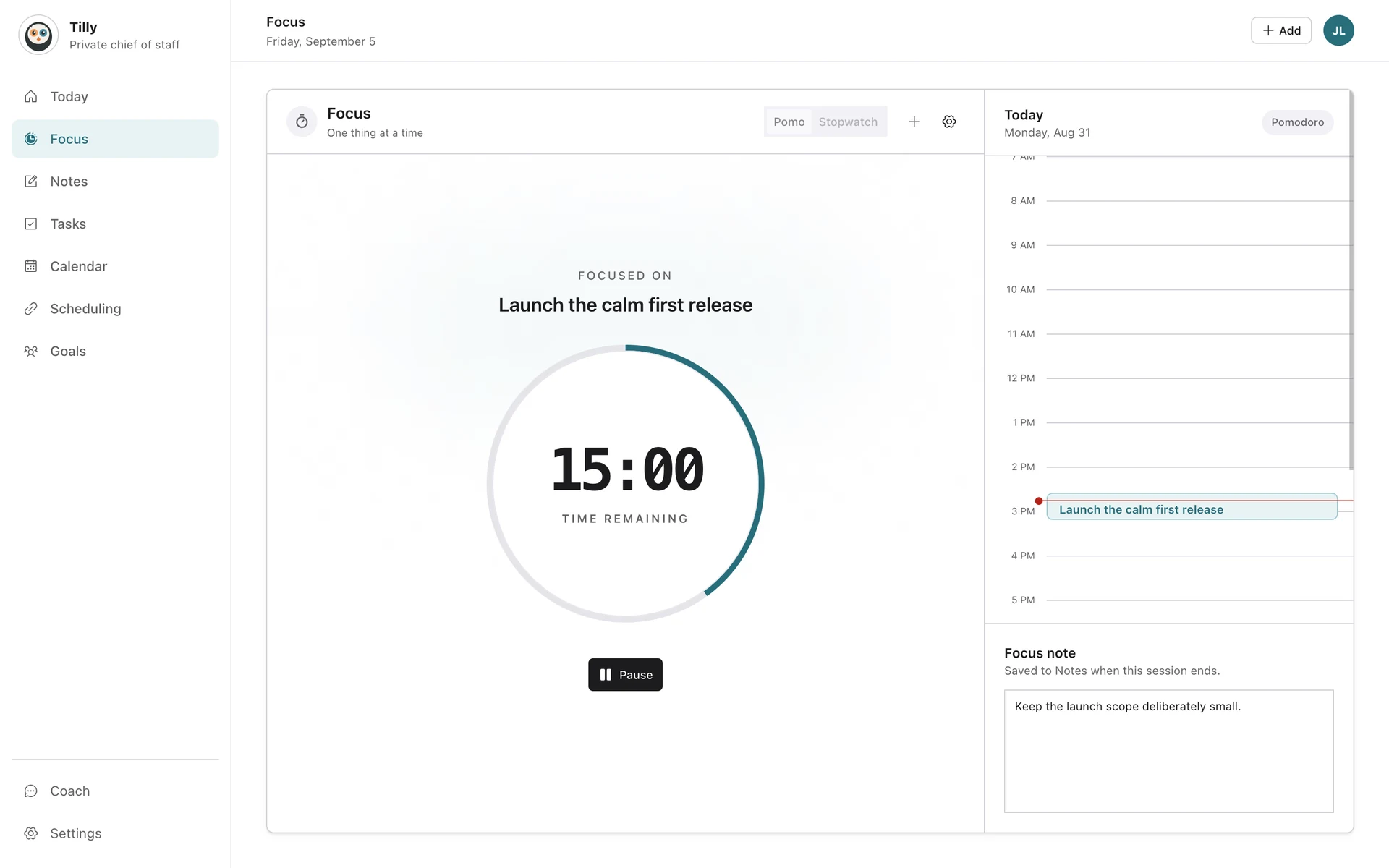 A running focus session in Tilly with its task, progress, notes, and recent sessions