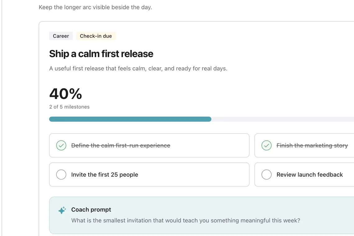 A goal in Tilly at 40 percent with milestones and a coach prompt