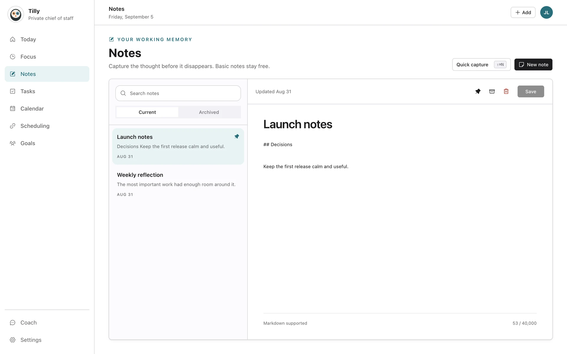 Tilly Notes with a launch note, weekly reflection, search, and quick capture
