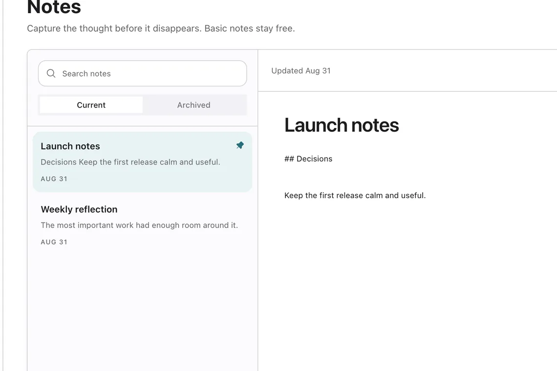 Tilly Notes with a launch note, weekly reflection, search, and quick capture