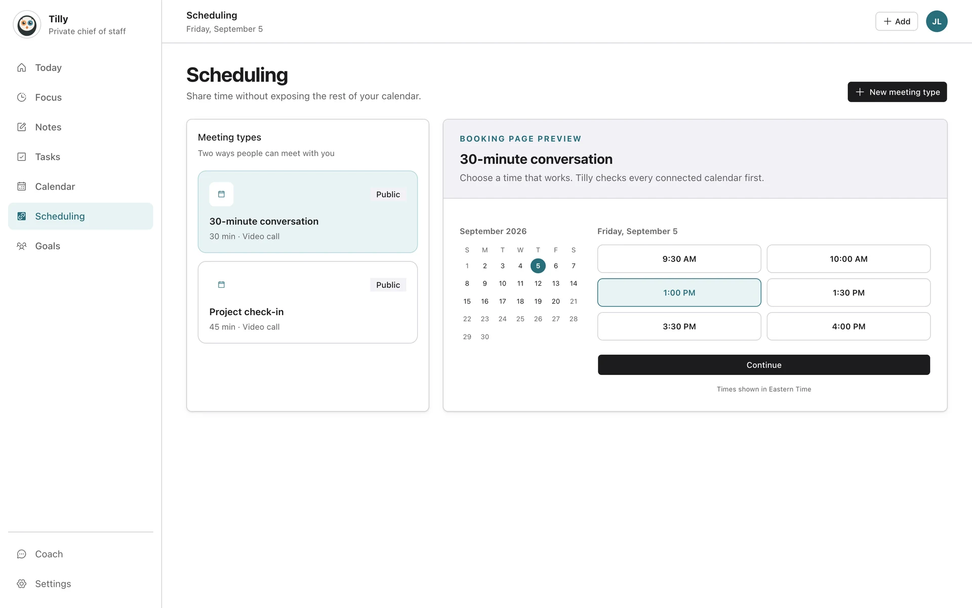 Scheduling in Tilly with two meeting types and a booking-page preview based on real availability