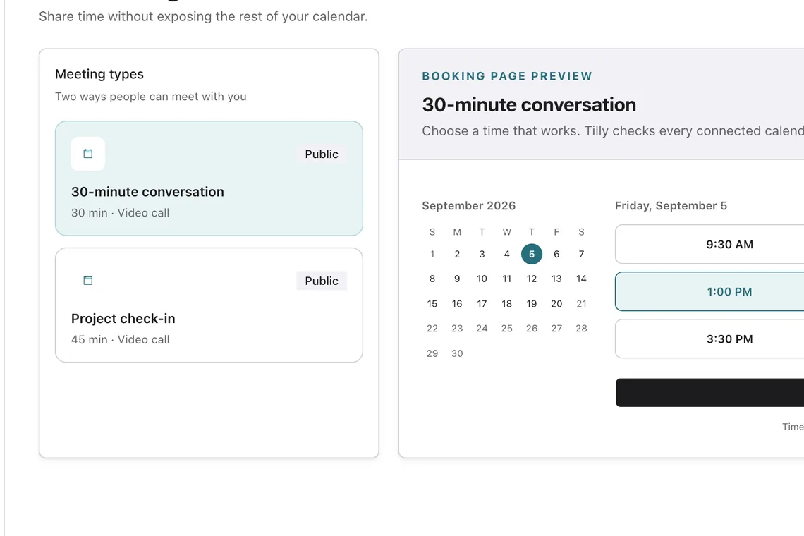 Scheduling in Tilly with two meeting types and a booking-page preview based on real availability