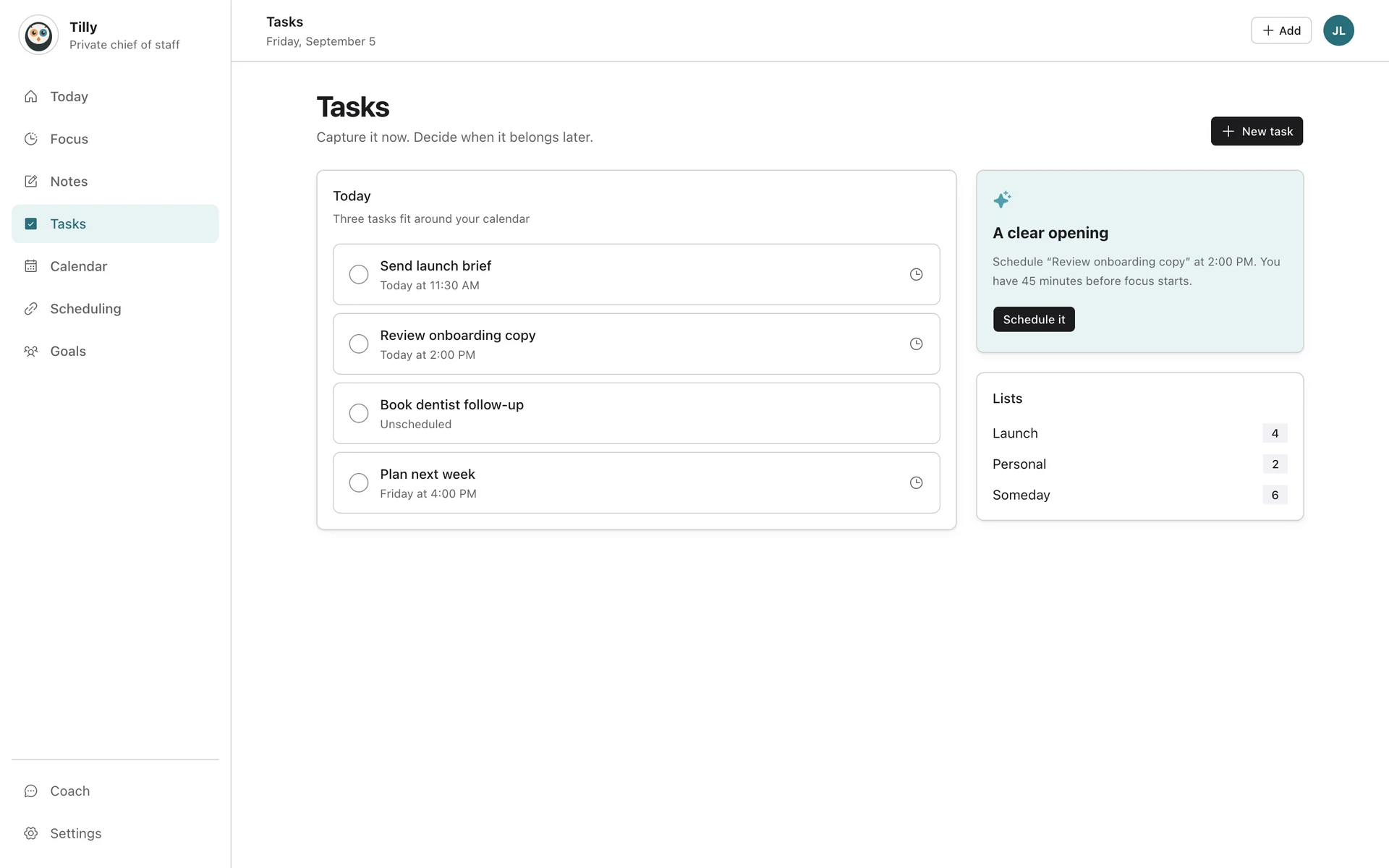 Tilly Tasks with scheduled and unscheduled work plus a suggested open time