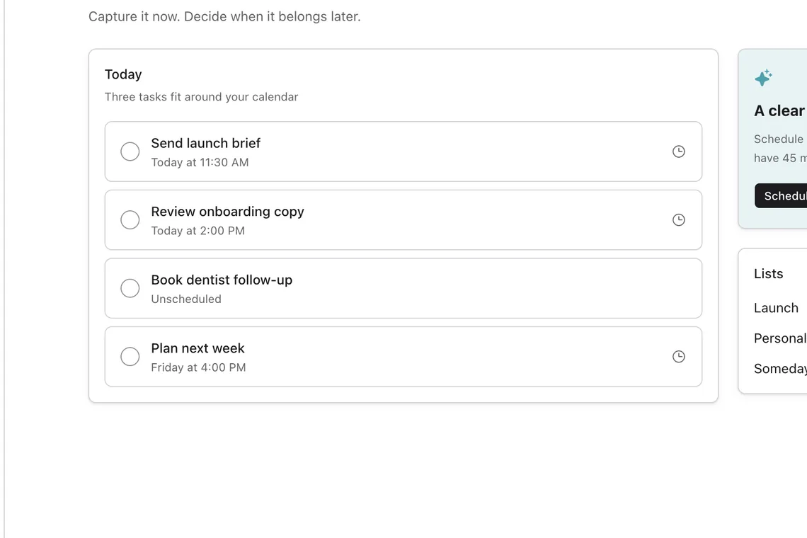 Tilly Tasks with scheduled and unscheduled work plus a suggested open time