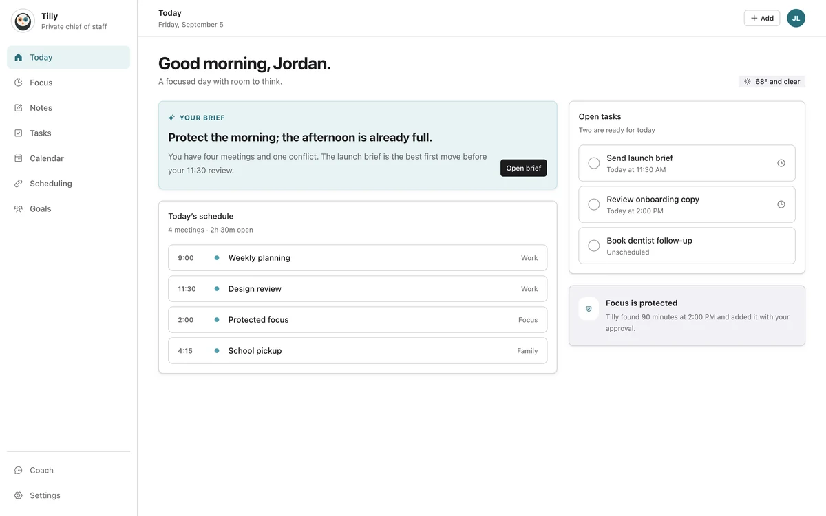 Tilly’s Today view showing the schedule, open tasks, and protected focus time