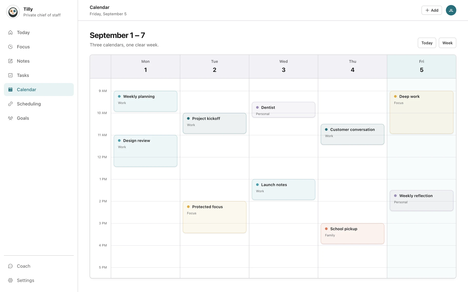 Tilly on the web showing a full week across three calendars